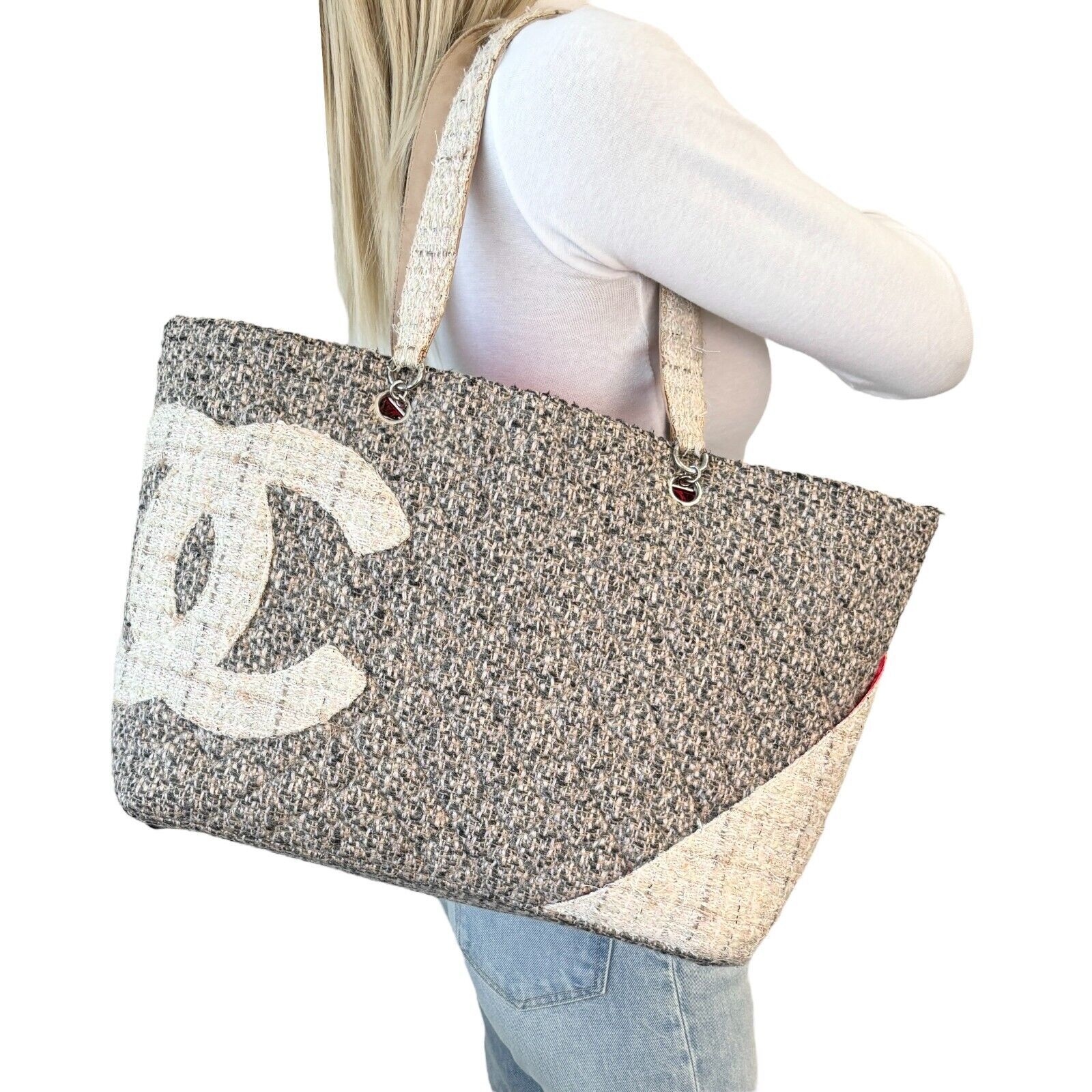 CHANEL Vintage Big CC Logo Cambon Line Tweed Tote Bag Gray Pink Wool Rank AB