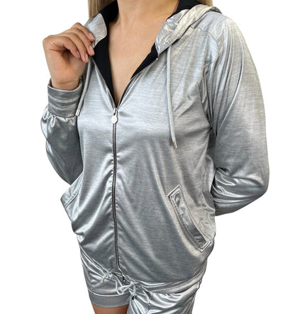 CHANEL Vintage P43484 CC Hoodie Zip Up Jacket Short Pants Set #34 Silver 901933