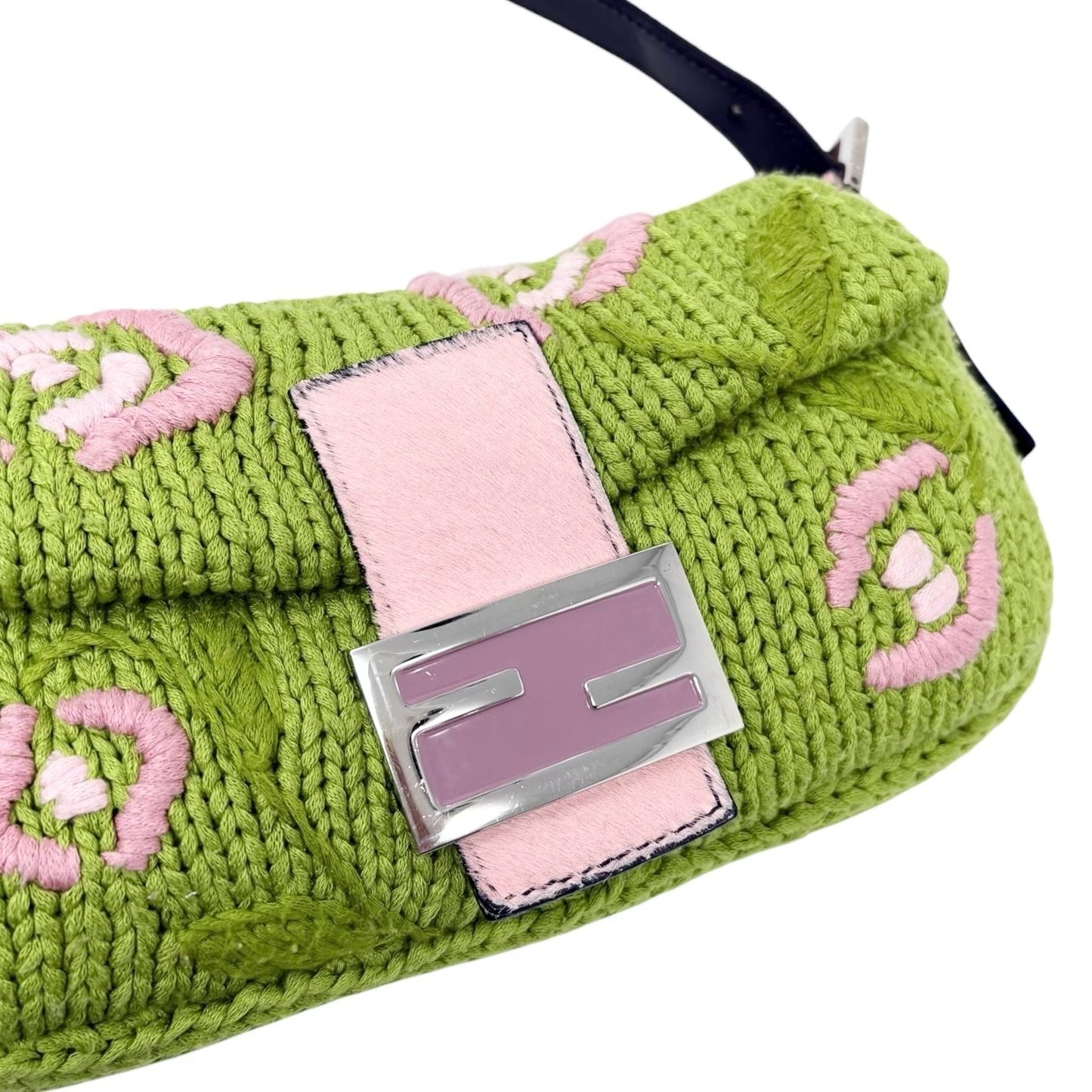 FENDI Vintage FF Mamma Baguette Crochet Shoulder Bag Flower Green Pink Wool