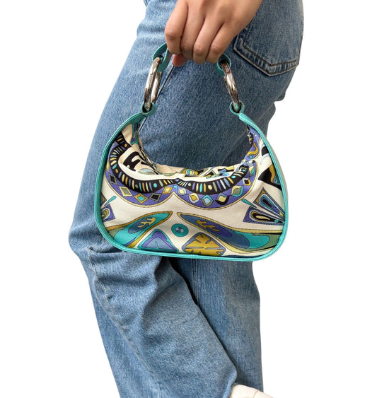 EMILIO PUCCI Vintage Logo Abstract Blue Print Multicolor Hobo Mini Bag Handbag