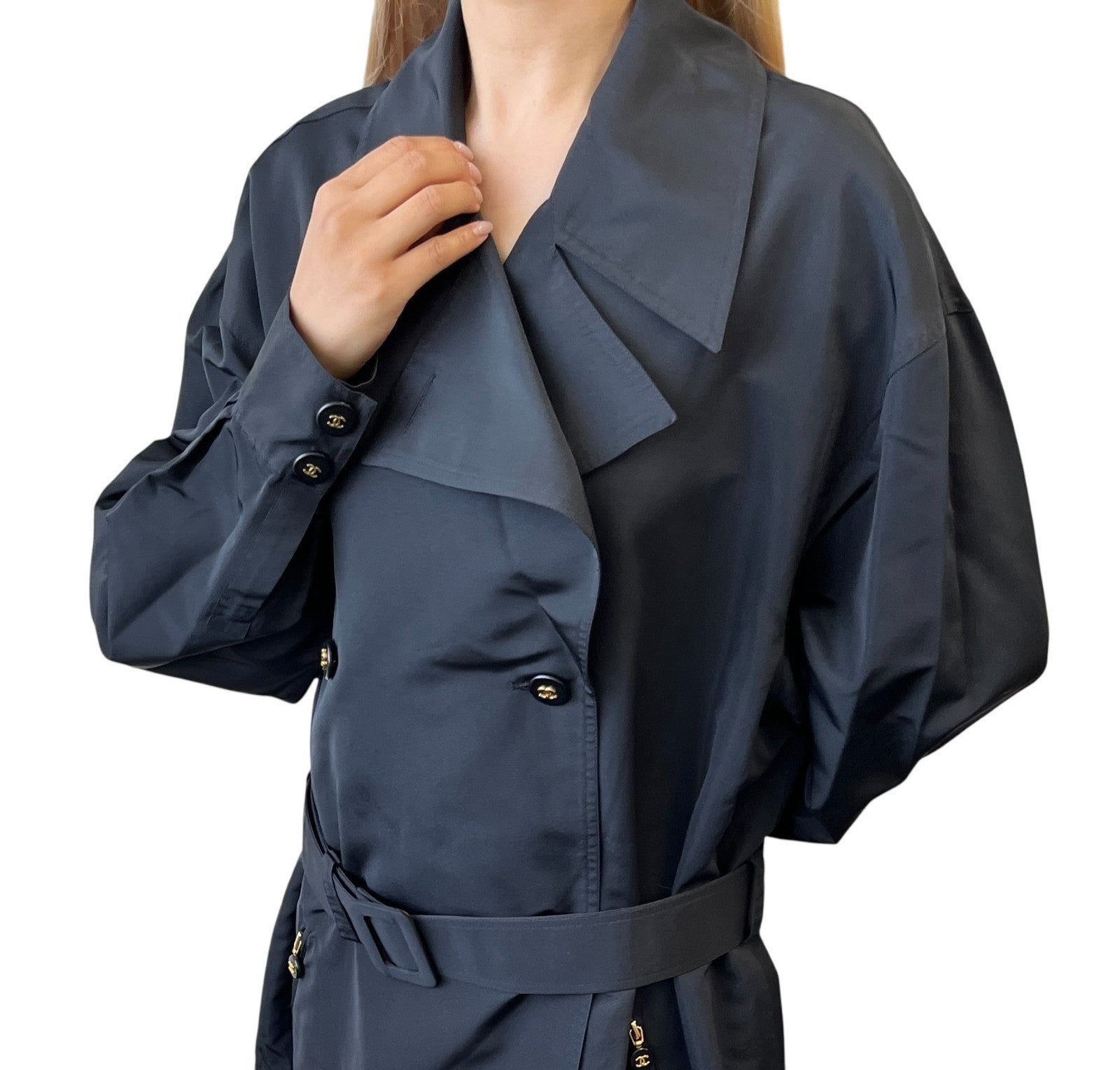 CHANEL Vintage CC Mark Logo Trench Coat Button Pocket Black Gold Silk