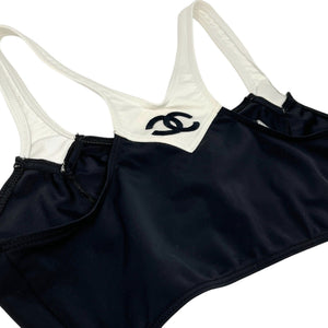 CHANEL Vintage CC Mark Bicolor Swimsuit Bikini #42 Black White Nylon Rank AB