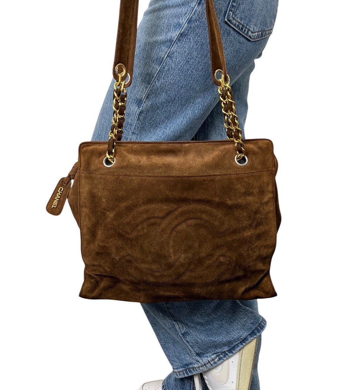 CHANEL Vintage CC Logo Suede Chain Tote Shoulder Bag Brown Gold 902488