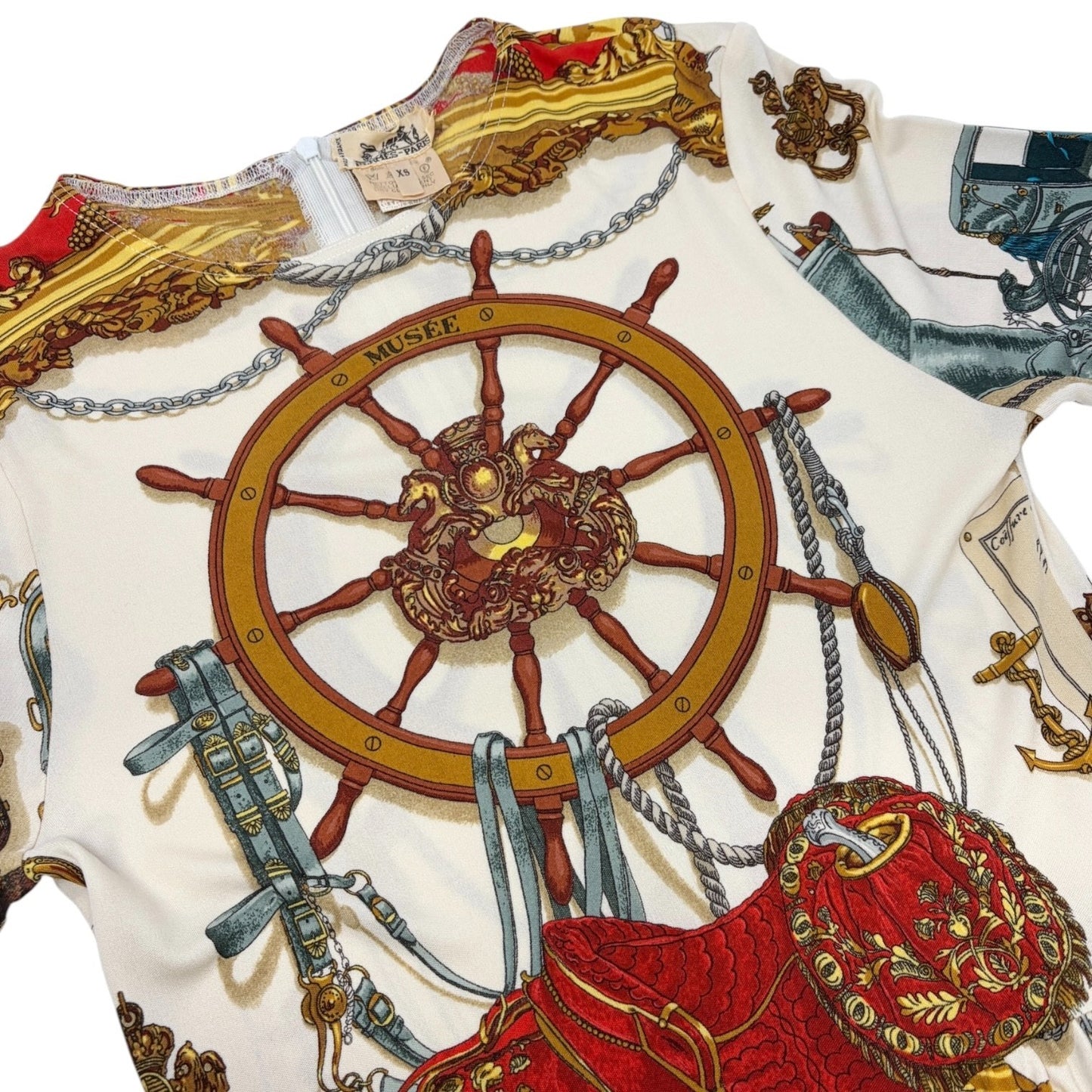 HERMES Vintage Nautical Wheel Print Silk Midi Dress Short Sleeve #XS White Gold