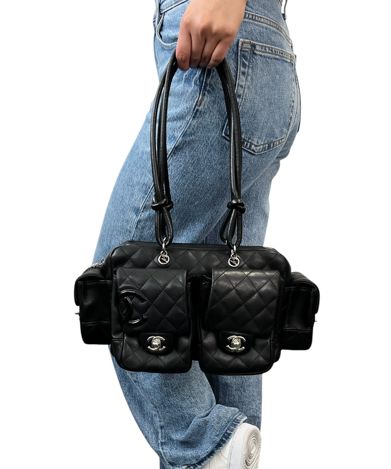 CHANEL Vintage Cambon Line CC Logo Quilted Shoulder Bag Black Silver Leather