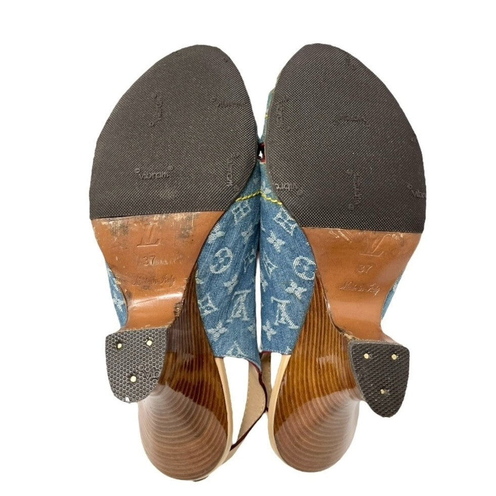 LOUIS VUITTON Vintage LV Logo Monogram Sandals #36.5-37 Blue Beige Denim Belt