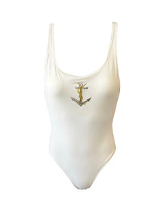 Yves Saint Laurent Vintage YSL Logo Swimwear Swimsuits #9M Nylon White RankAB