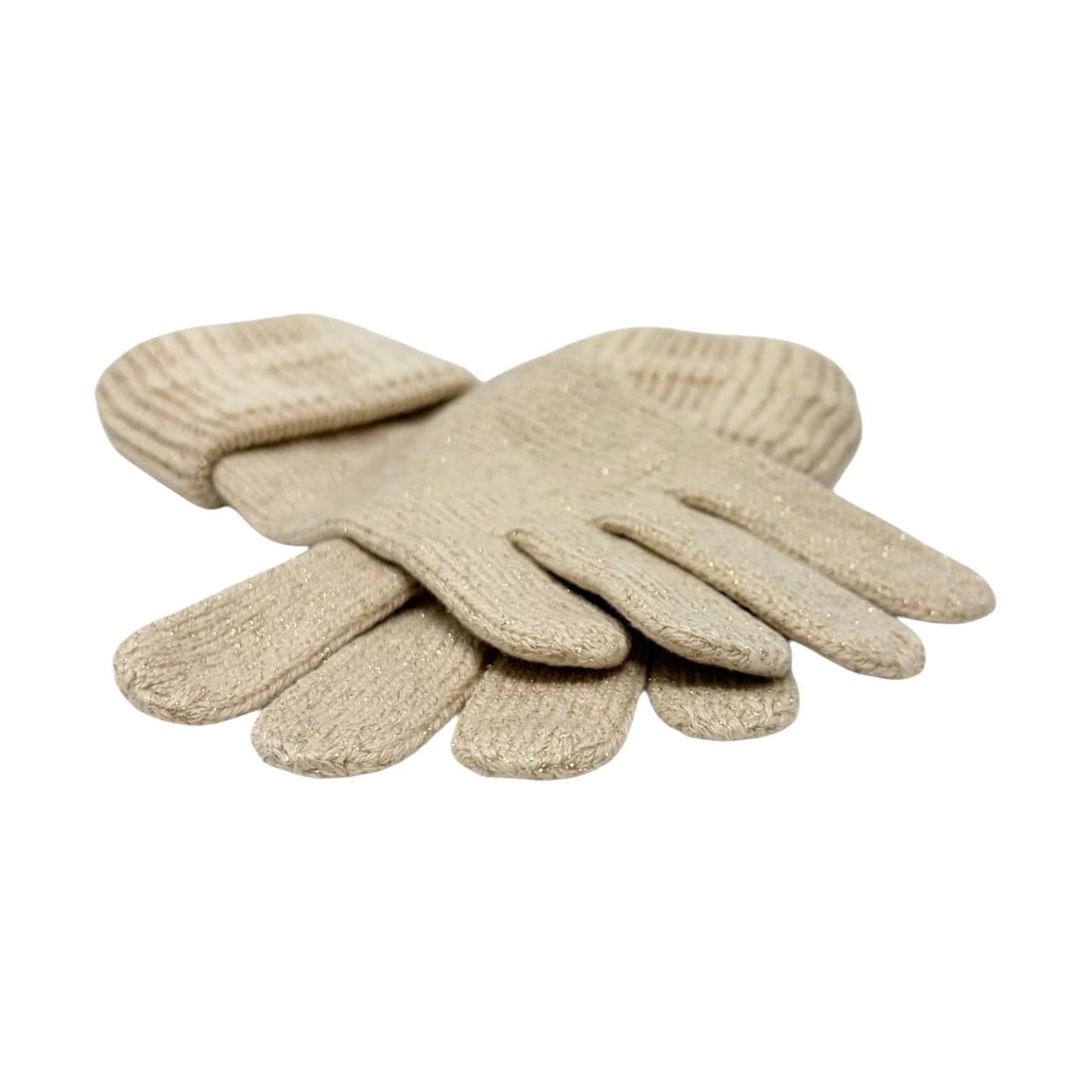 HERMES Vintage H Logo Embroidery Cashmere Ribbed Knit Gloves Glitter Beige Gold
