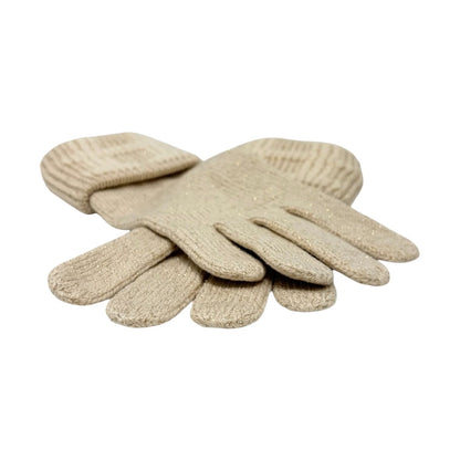 HERMES Vintage H Logo Embroidery Cashmere Ribbed Knit Gloves Glitter Beige Gold