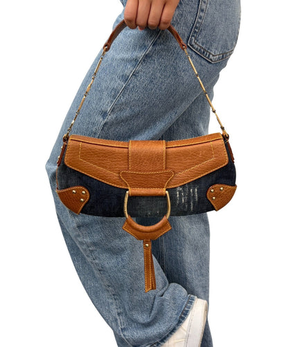 DOLCE&GABBANA Vintage Flap D-Ring Denim Shoulder Bag Blue Brown Denim 902059