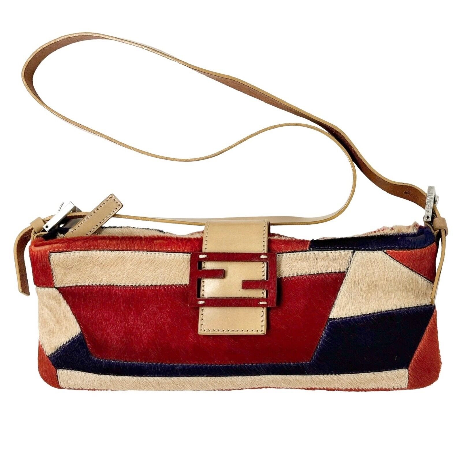 FENDI Vintage FF Logo Crossbody Bag Shoulder Bag Multicolor Calf Hair Rank AB