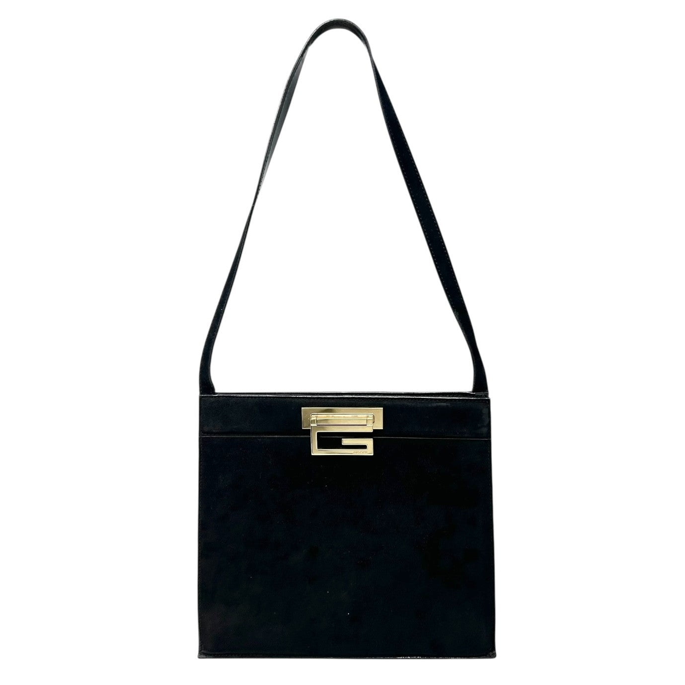 GUCCI Vintage G Square Logo Shoulder Bag Handbag Black Gold Suede Leather
