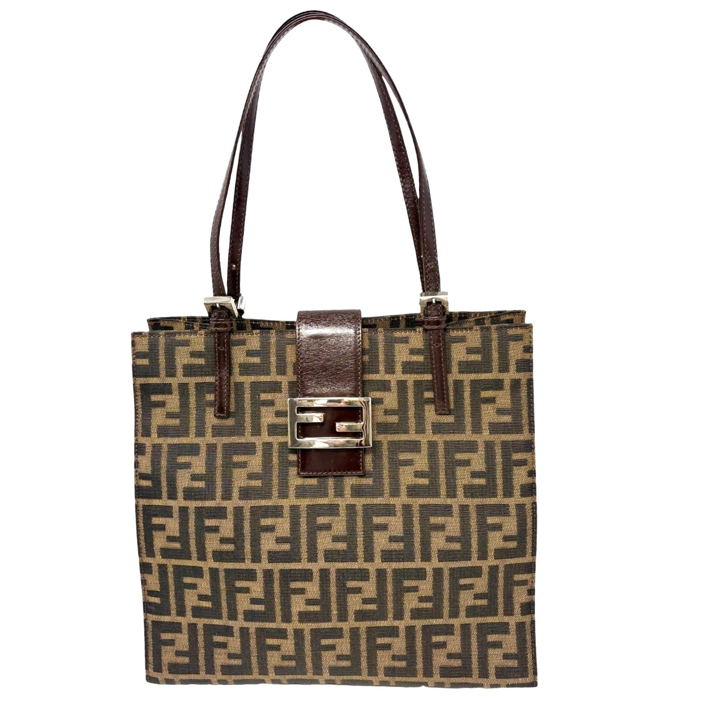 Fendi Vintage Zucca Canvas Tote Shoulder Bag Brown FF Logo Monogram Leather