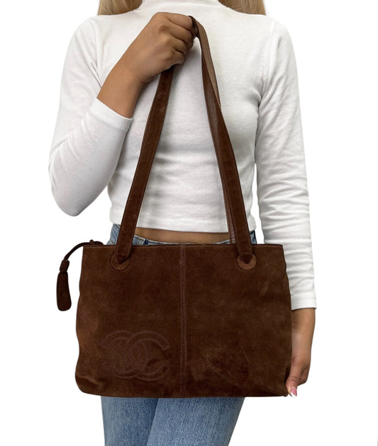 CHANEL Vintage Stitch CC Logo Suede Tote Shoulder Bag Zip Brown 902486