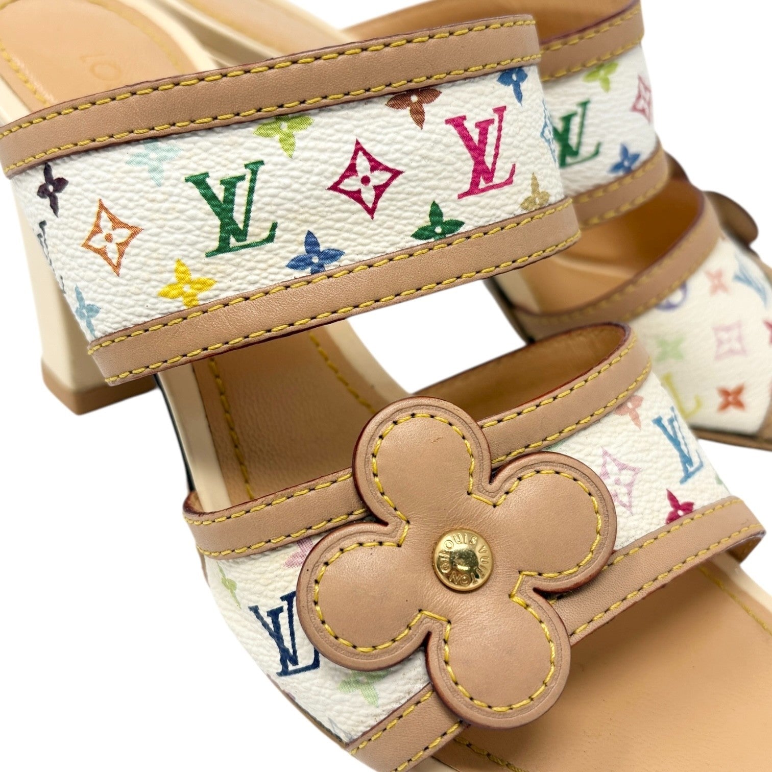 LOUIS VUITTON Vintage Monogram Multicolor Heels Sandals #37.5 White Murakami