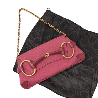GUCCI Vintage GG Monogram Horsebit Chain Shoulder Bag Pochette Pink 902381