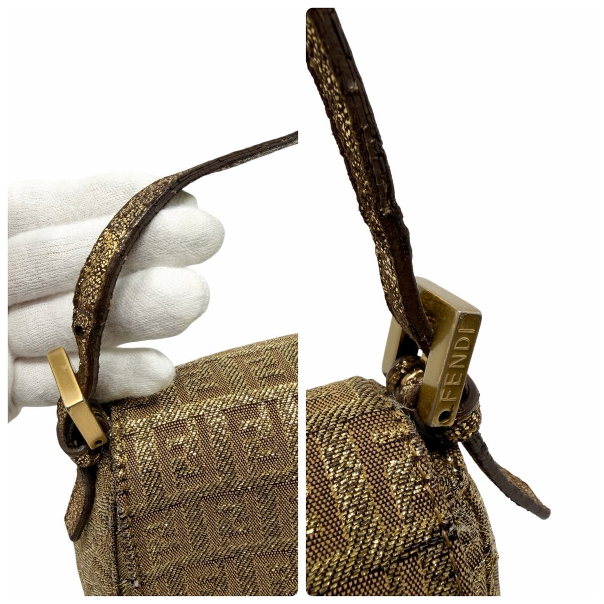 FENDI Vintage FF Logo Mamma Baguette Mini Shoulder Bag Pochette Gold 902053