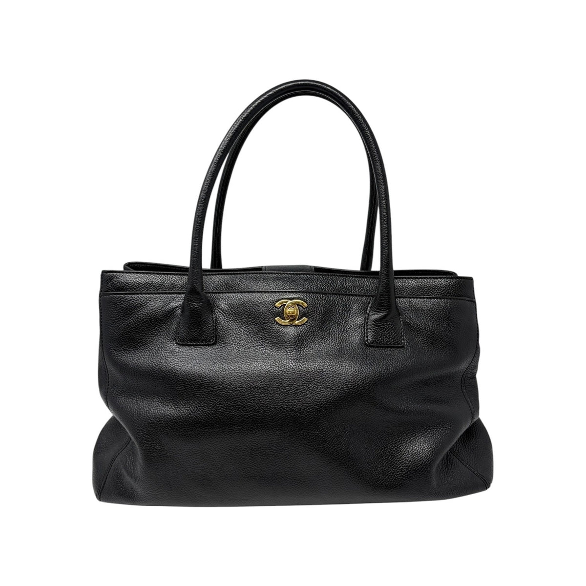 CHANEL CC Turnlock Executive Tote Shoulder Bag Black Gold Leather 902459