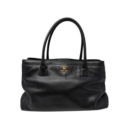 CHANEL CC Turnlock Executive Tote Shoulder Bag Black Gold Leather 902459