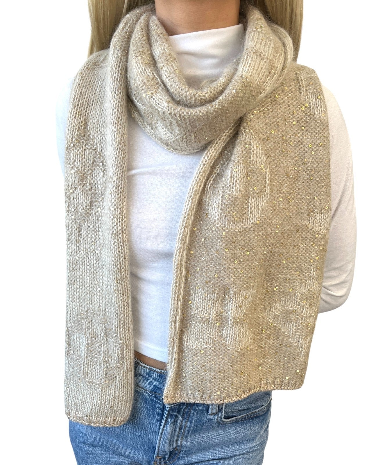 LOUIS VUITTON Vintage LV Monogram Knit Sequins Scarf Shawl Wrap Beige Mohair