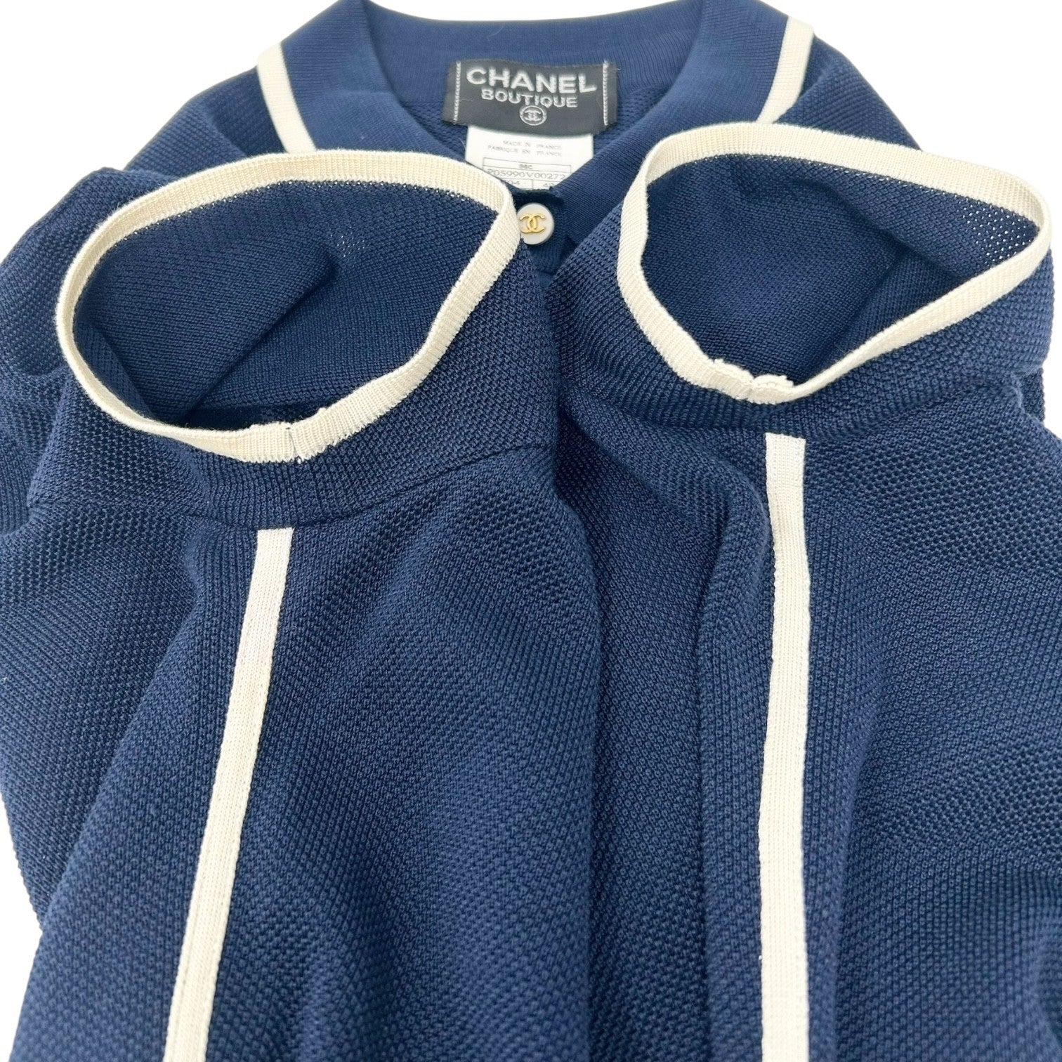 CHANEL Vintage 96C CC Logo Polo Dress One-Piece Button #42 Navy White Cotton