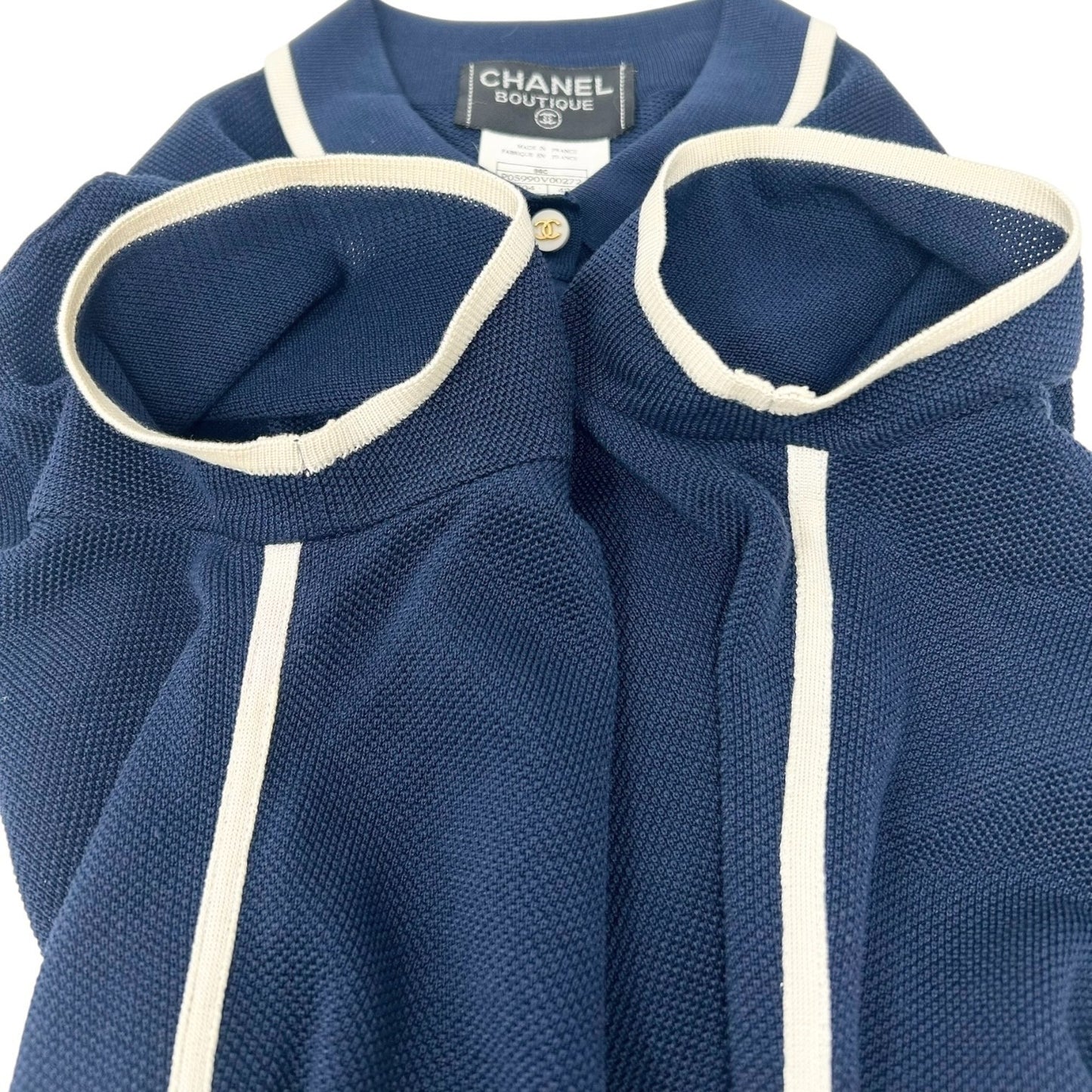 CHANEL Vintage 96C CC Logo Polo Dress One-Piece Button #42 Navy White Cotton