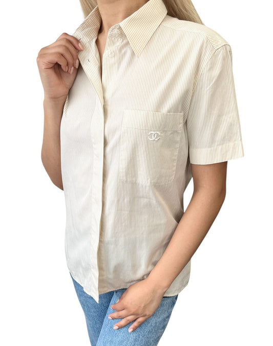 CHANEL Vintage 99P CC Logo Button Up Shirt Top Short Sleeve #40 Beige Pocket