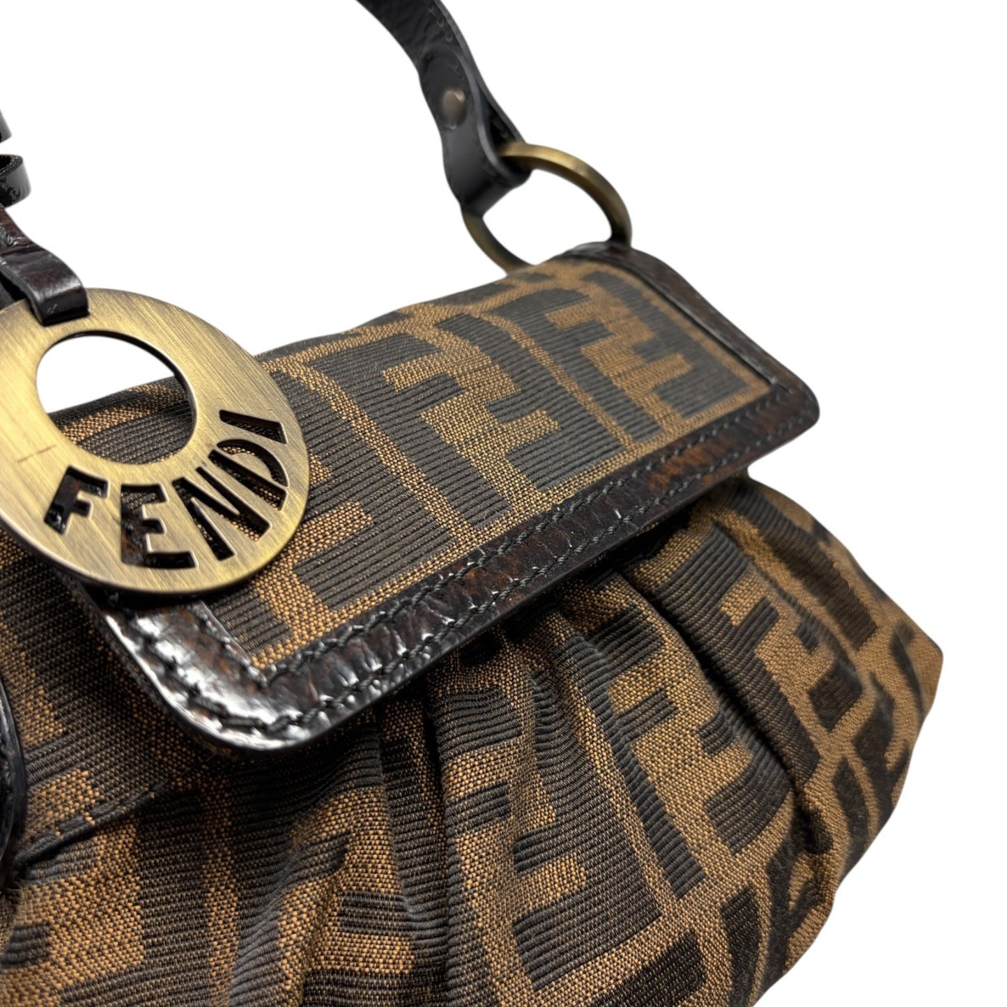 FENDI Vintage Zucca Monogram Logo Charm Canvas Mini Chef Bag Brown Pochette