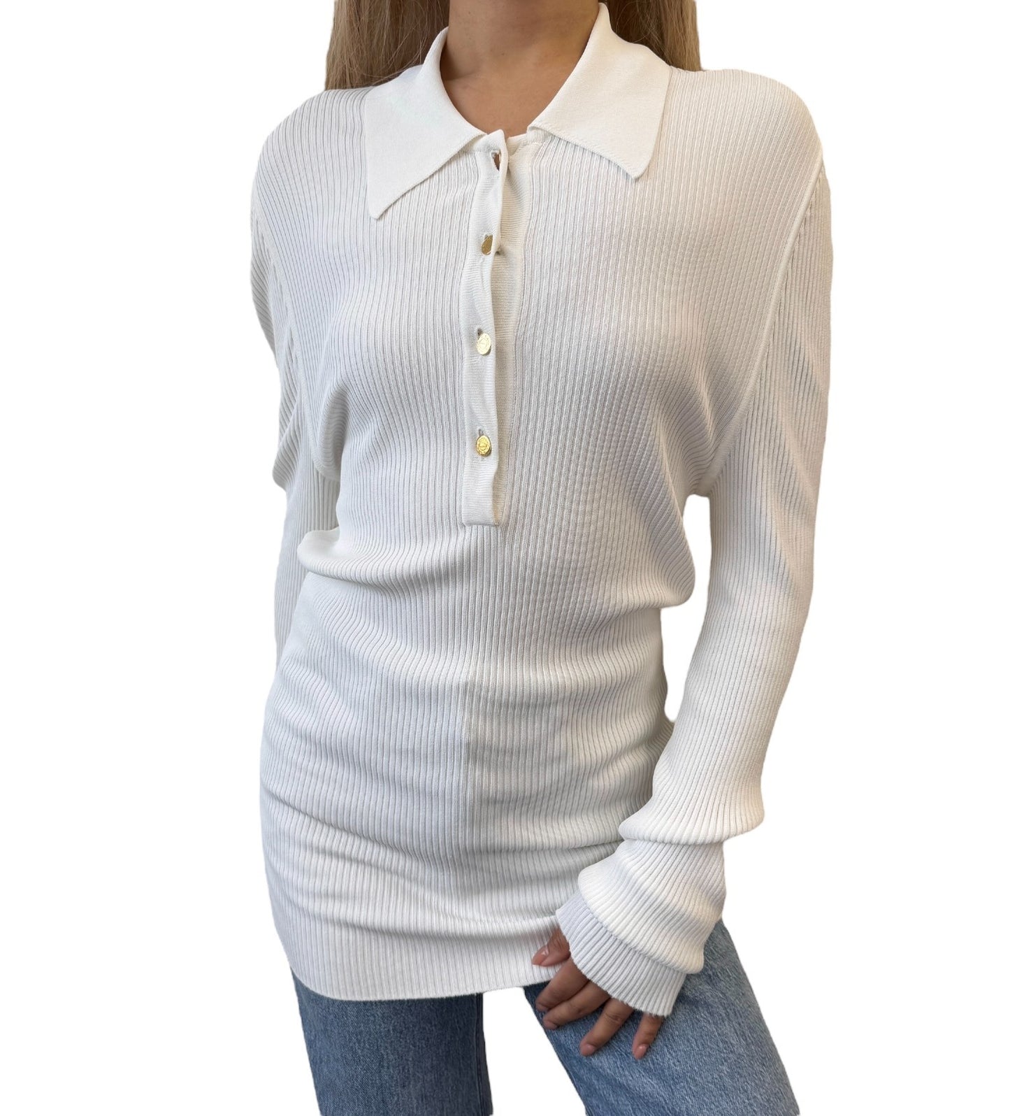 HERMES Vintage Logo Clou de Selle Button Ribbed Knit Polo Top #M White Viscose