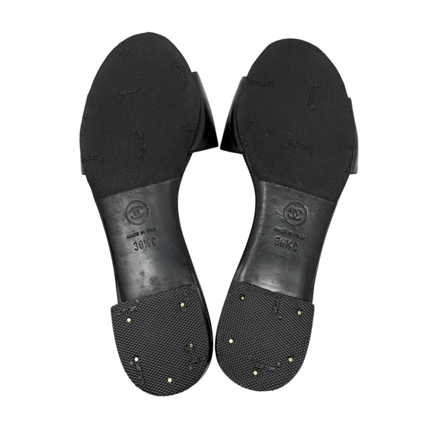 CHANEL Vintage CC Logo Camellia Leather Flat Slide Sandals #36.5 Black