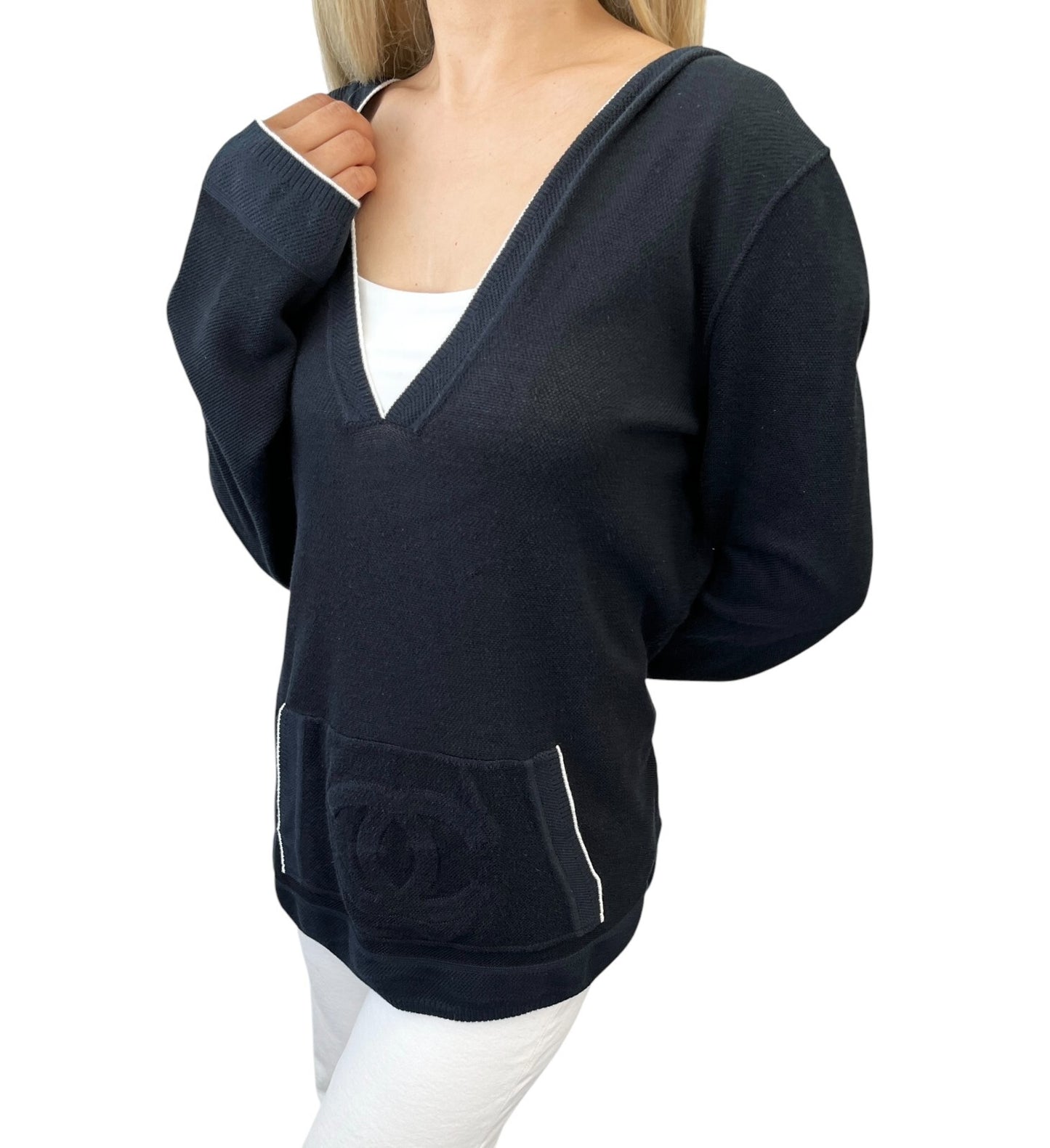 CHANEL Sport Vintage 09P CC Logo Knit Top #42 Hoodie Dark Blue Silver Rayon