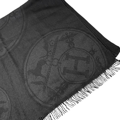 HERMES Vintage New Libris H Logo Cashmere Scarf Wrap Shawl Black 902811