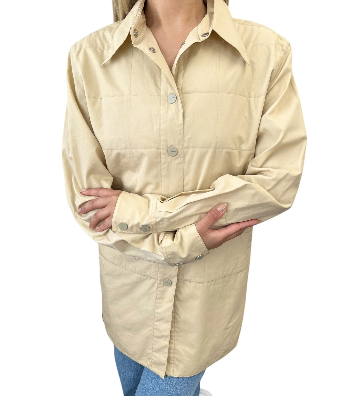 CHANEL Vintage Logo Button Shirt Blouse Long Sleeve Top Cream Cotton Quilting