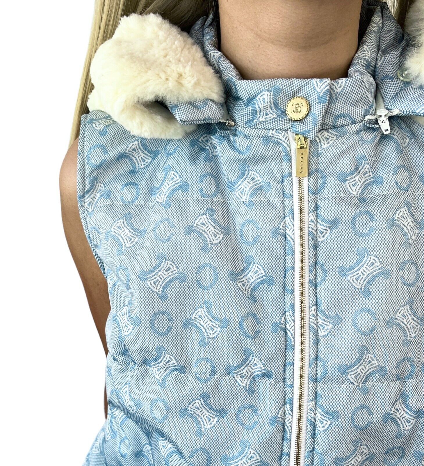 CELINE Vintage Macadam Monogram Logo Puffer Vest Jacket #40 Light Blue Rank AB+