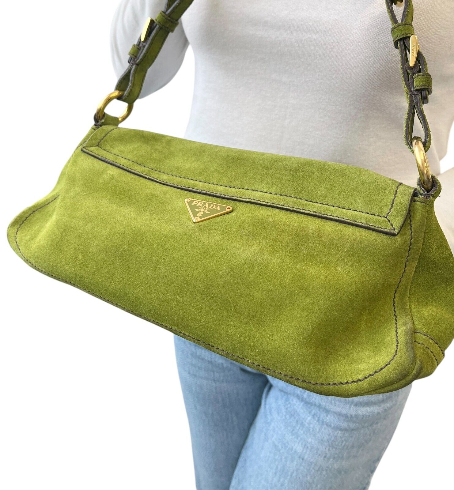 PRADA Vintage Logo Shoulder Bag Tote Handbag Suede Green Gold Luggage Tag