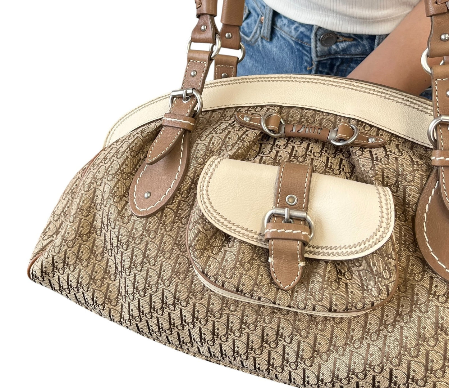Christian Dior Vintage 2006 Trotter Monogram Shoulder Bag Beige Canvas 902543