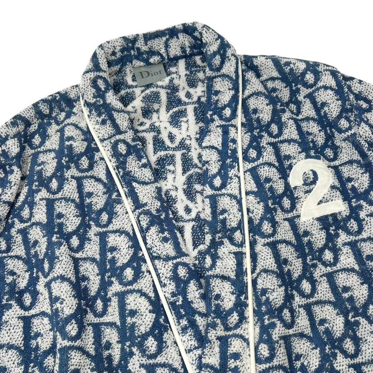 Christian Dior Vintage Trotter Monogram Logo Bathrobe #L Terry Cloth Blue White