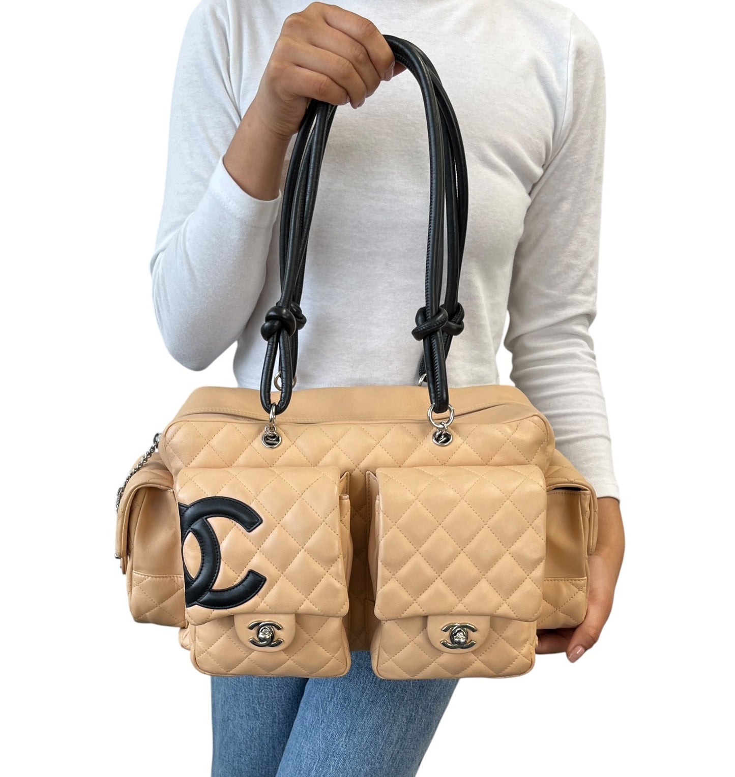 CHANEL Vintage Cambon Line CC Logo Quilted Shoulder Bag Beige Black Leather