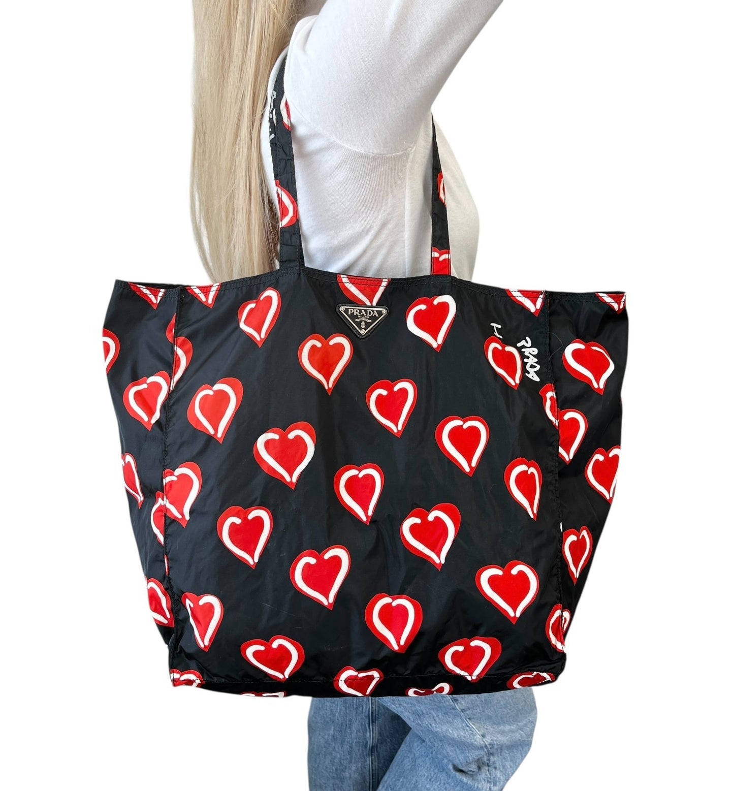 PRADA Vintage Logo Heart Pattern Print Tote Bag Handbag Pouch Black Red Nylon