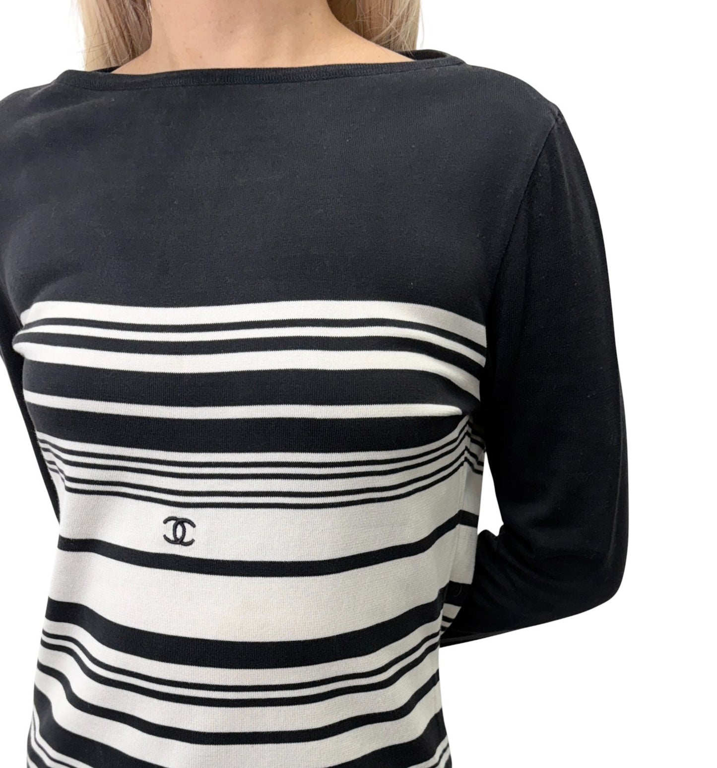 CHANEL Vintage 98P CC Logo Strip Knit Shirt Top #36 Long Sleeve Black 901887