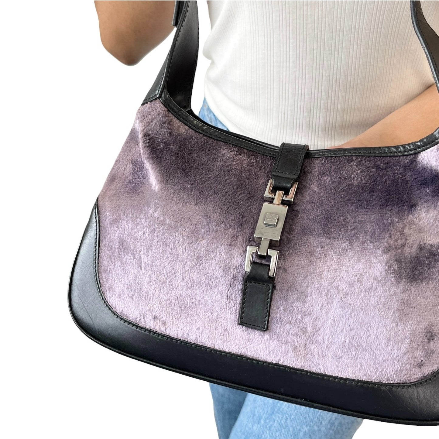GUCCI Vintage Logo Jackie Velour Shoulder Bag Handbag Purple Black 902061
