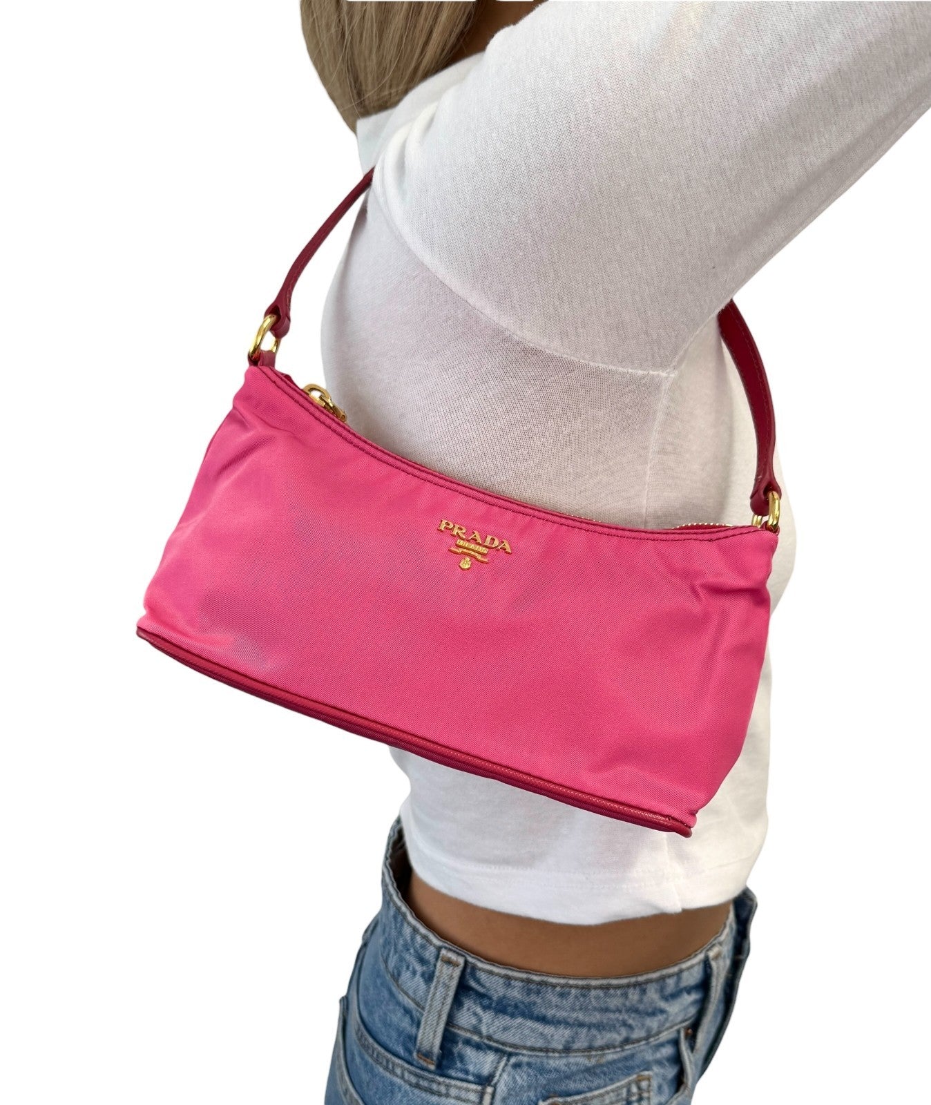 PRADA Vintage Logo Tessuto Nylon Shoulder Mini Bag Pochete Pink Gold