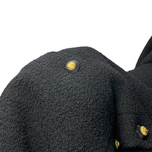 CHANEL Vintage CC Logo Long Tweed Jacket #M Coat Black Gold Wool Silk Button
