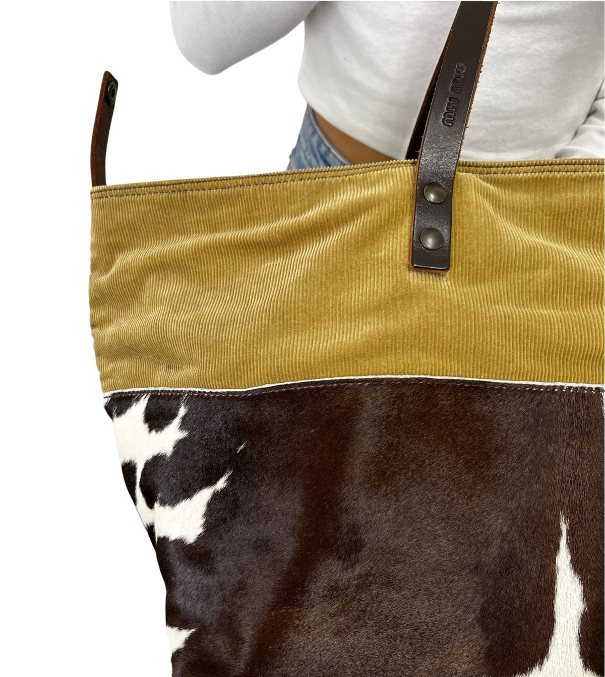 miu miu Vintage Pony Calf Hair Shoulder Bag Brown Beige White Corduroy 902372