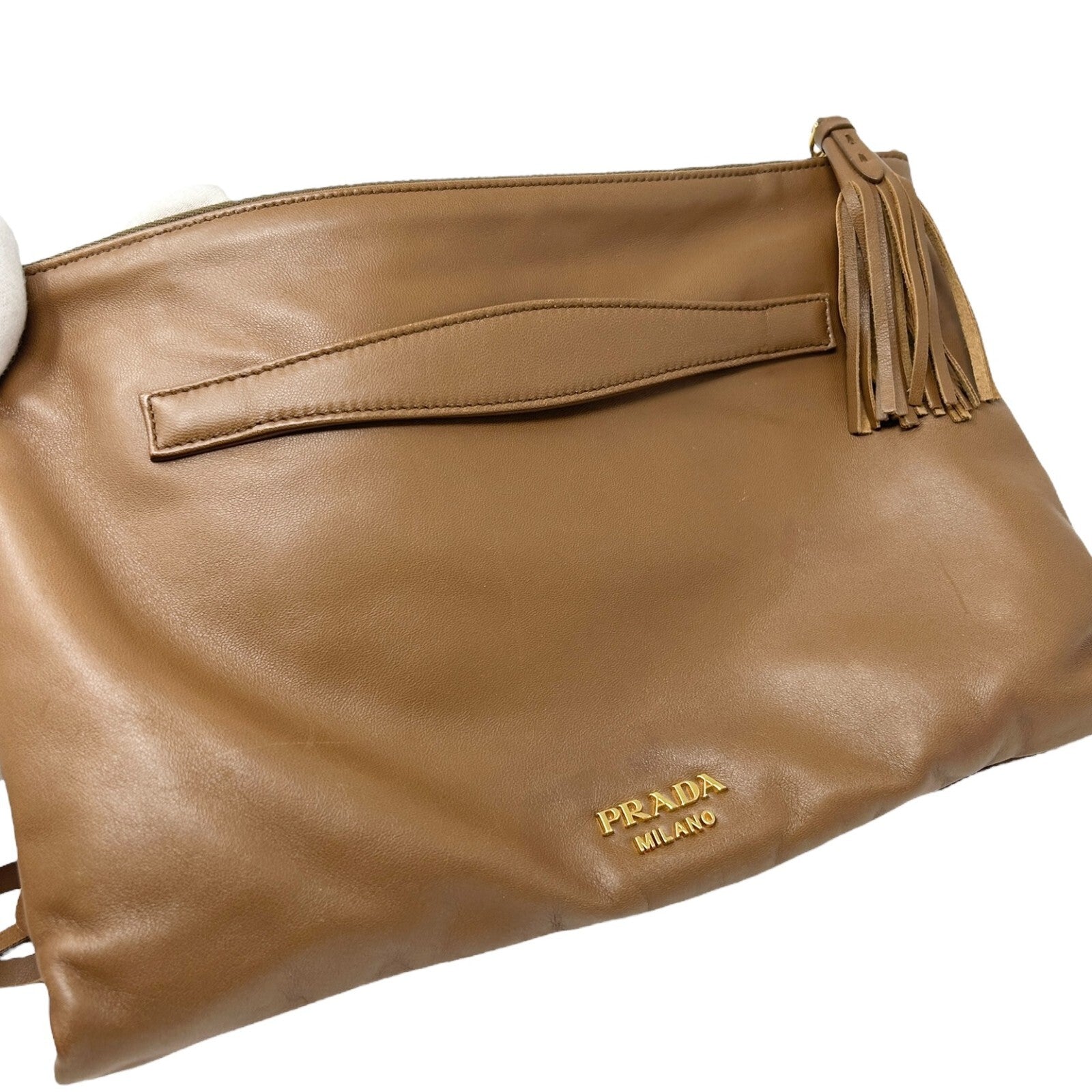 PRADA Vintage Logo Fringe Clutch Mini Bag Brown Gold Leather Zip Rank AB