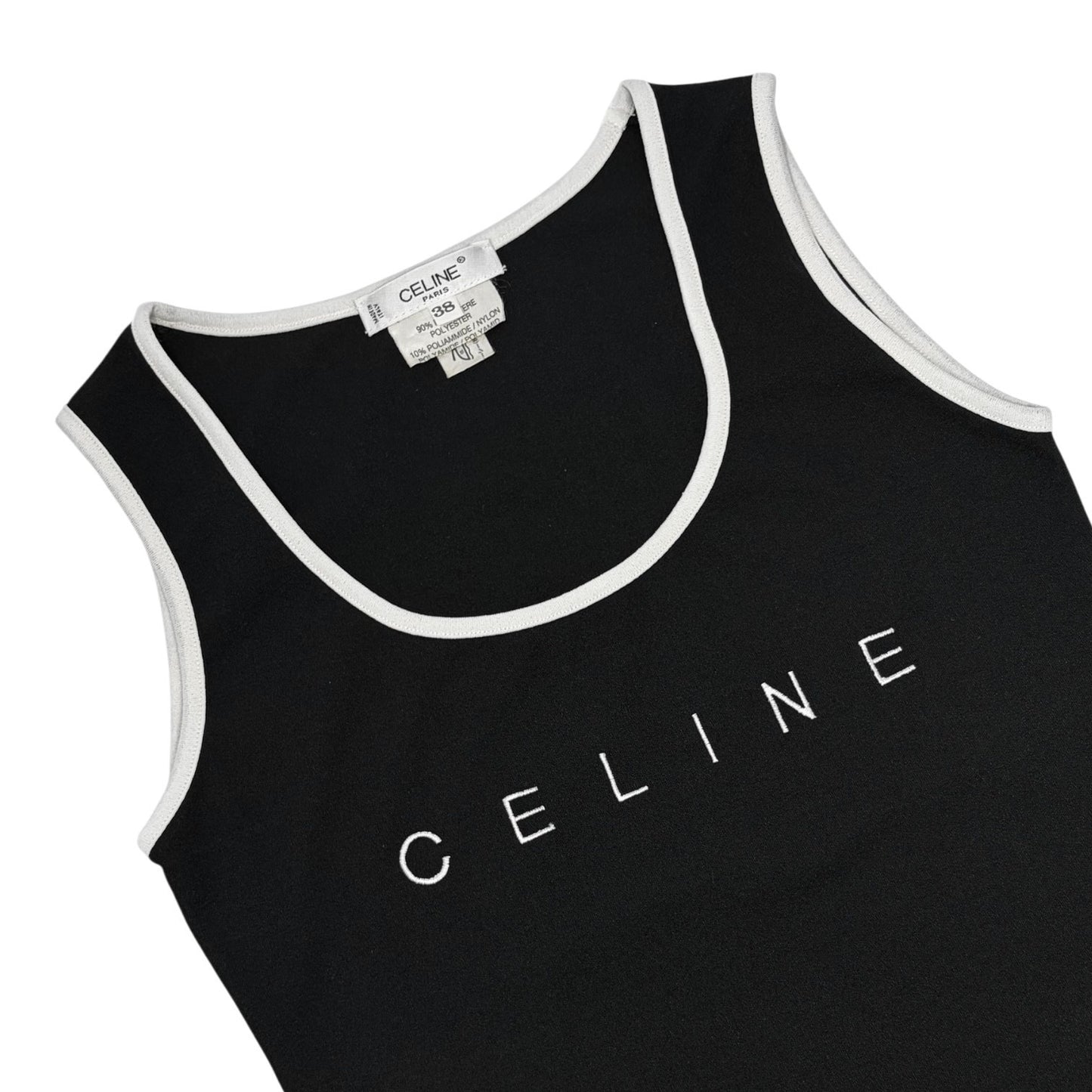 CELINE Vintage Logo Tank Top #38 Black White Polyester Sleeveless 902071