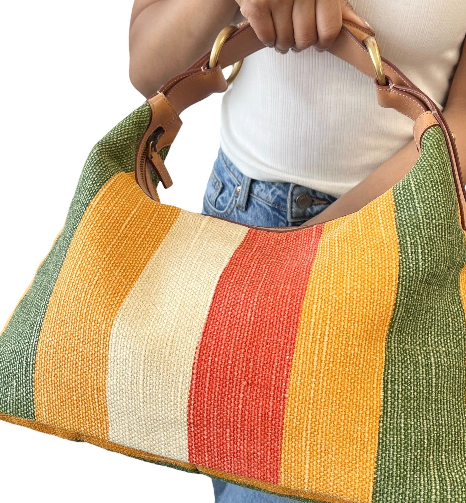 GUCCI Vintage Horsebit Multicolor Stripe Hobo Bag Zip Camel Canvas Leather