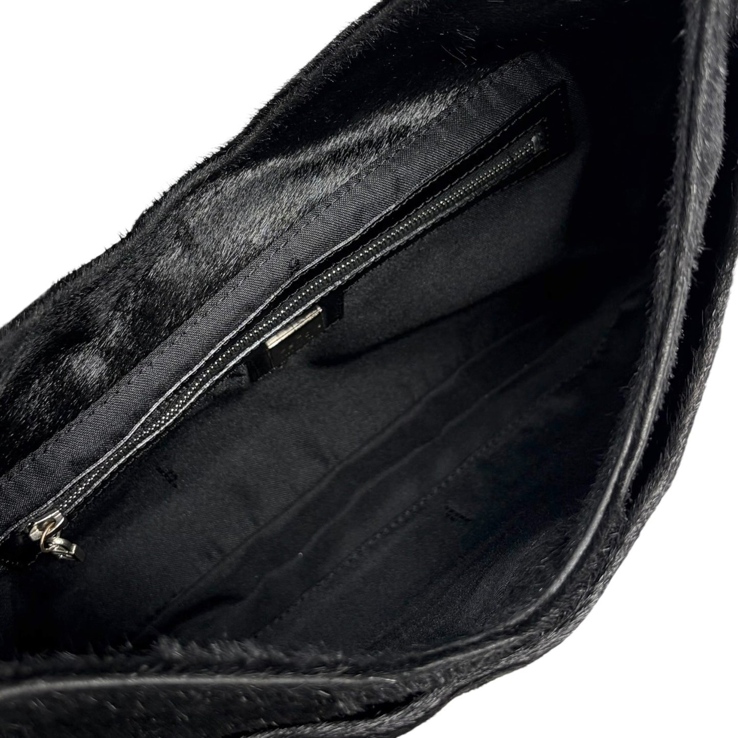 FENDI Vintage FF Logo Pony Calf Hair Hobo Shoulder Bag Black Silver 902040