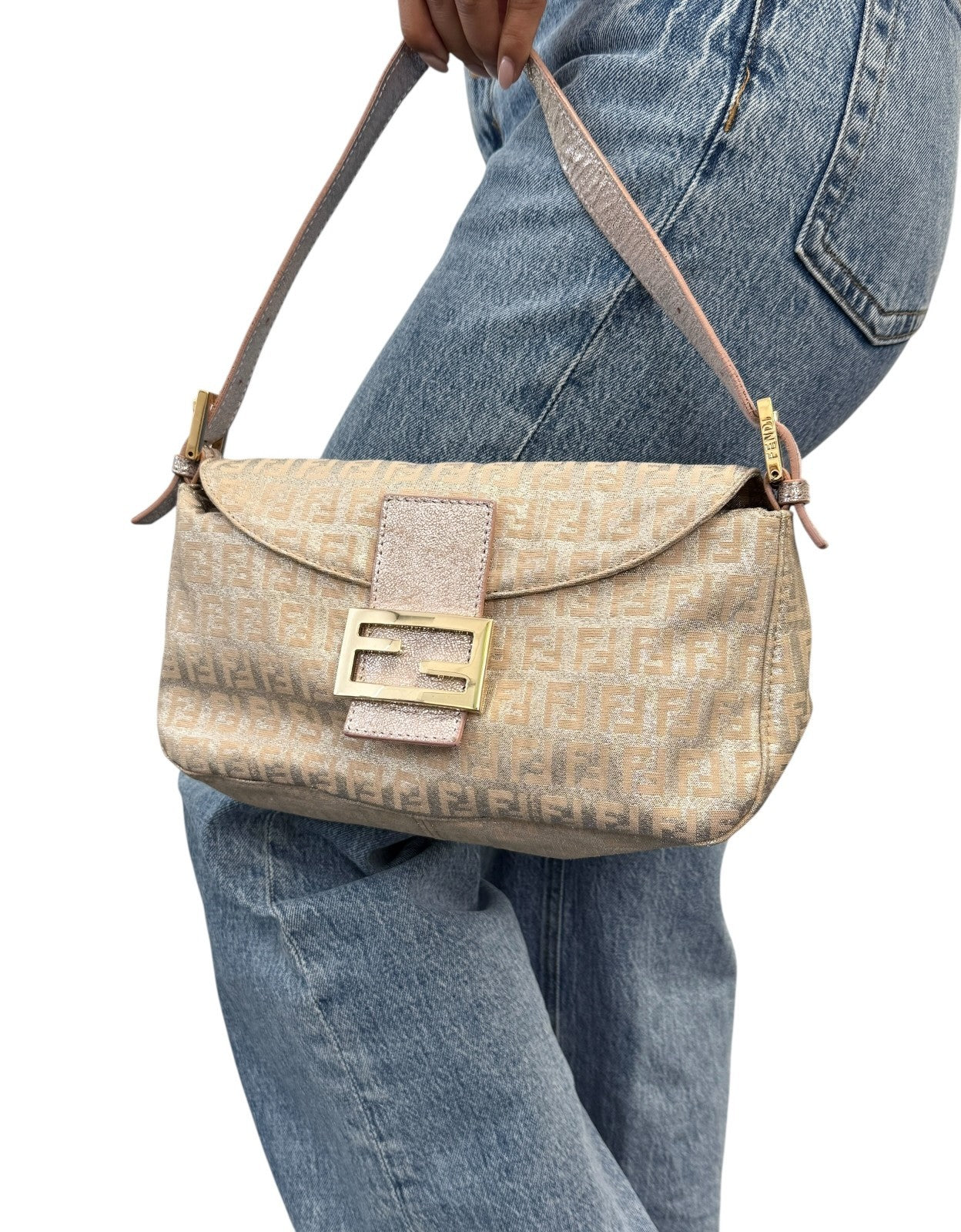 FENDI Vintage FF Logo Zucchino Mamma Baguette Glitter Shoulder Bag Pink 902262