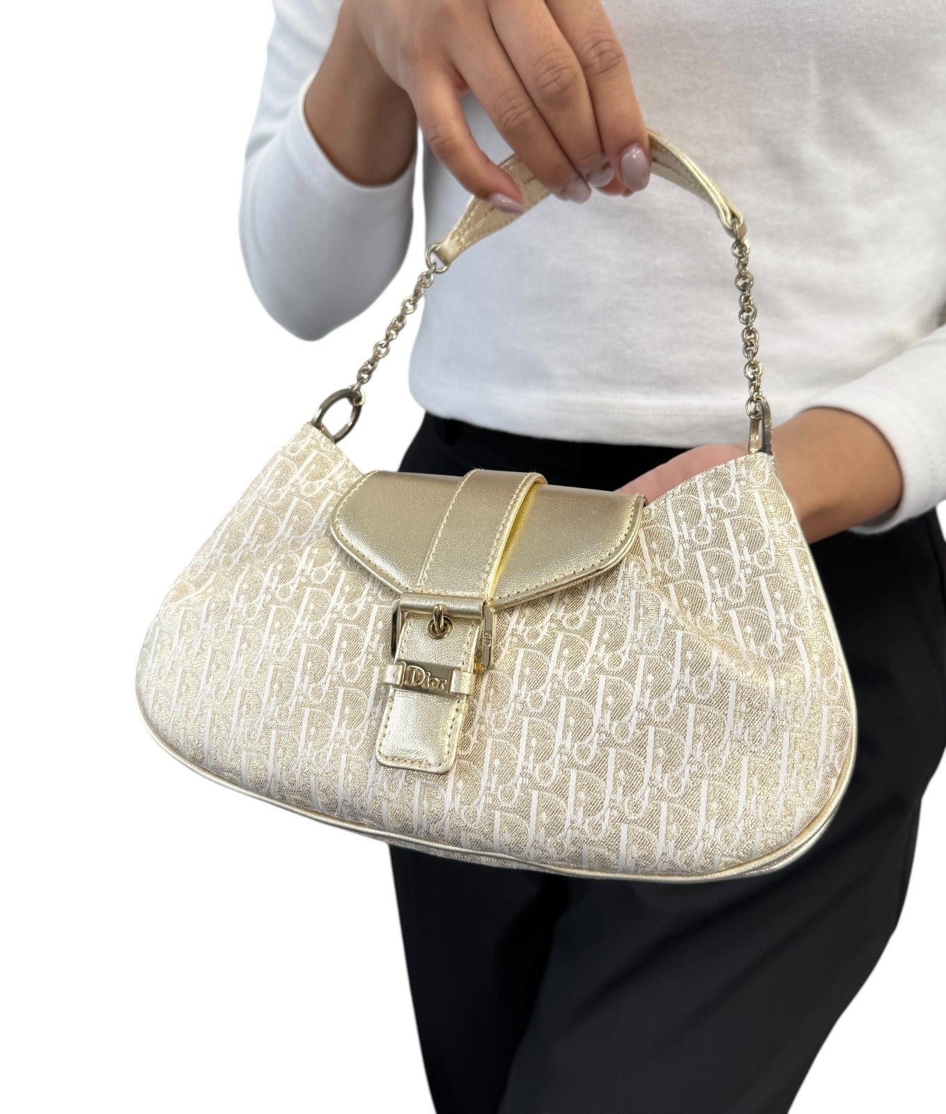 Christian Dior Vintage 2002 Trotter Monogram Chain Mini Bag Pochette White Gold